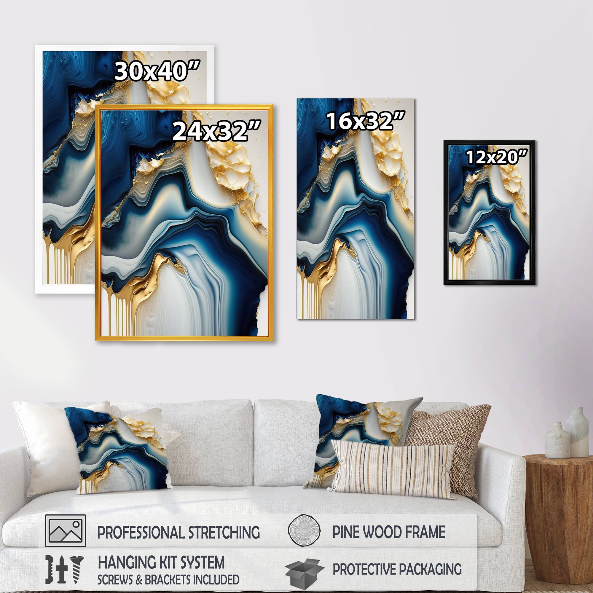 Designart 'Abstract Geode Gold And Blue Marble II' Marble Abstract Framed Canvas Wall Art